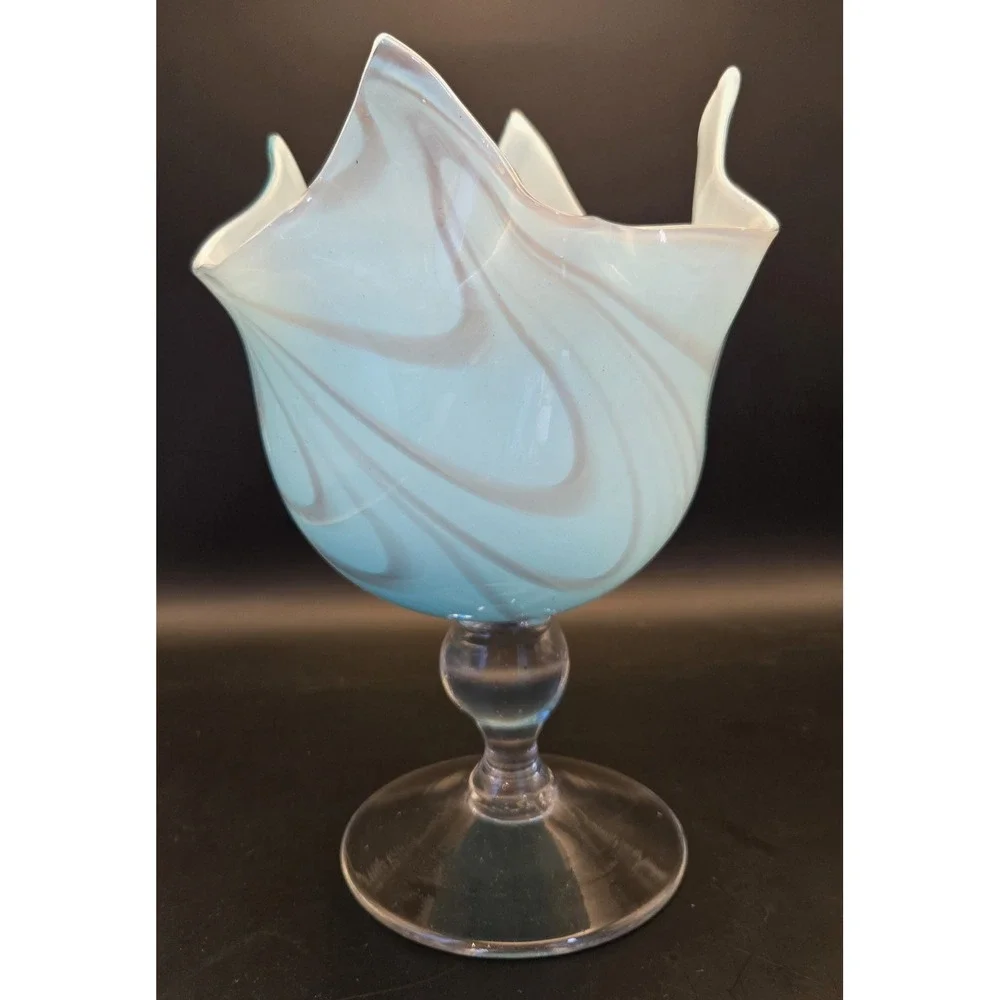 Vintage Pedestal‎ Vase Murano Fazzoletto Sky Blue Italian Hankerchief